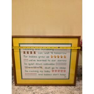 Vintage Cross Stitch Sampler “Babies Don’t Keep” Poem Framed 18x15 Nursery Wall
